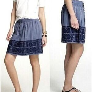 J Crew Zafrina Chambray Blue Cotton Embroidered Sidewalk Mini Skirt sz XS